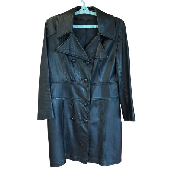 Vintage Jackets & Blazers - Vintage 60-70’s Leathercraft Womens Leather Coat M/L Black Double Breasted Lined
